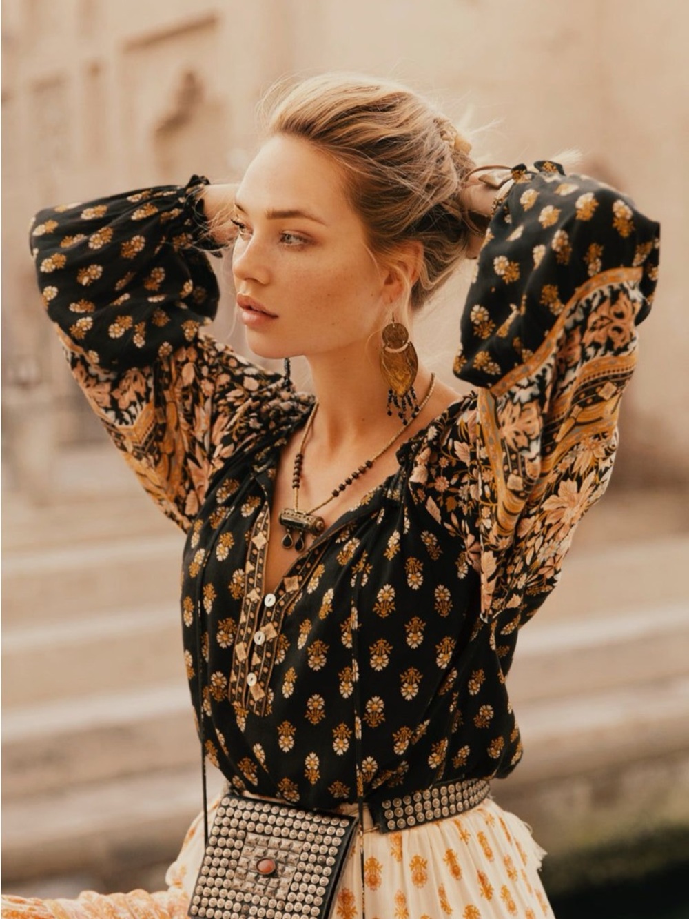 Arnhem midnight Babylon Black & Gold Floral Boho Blouse